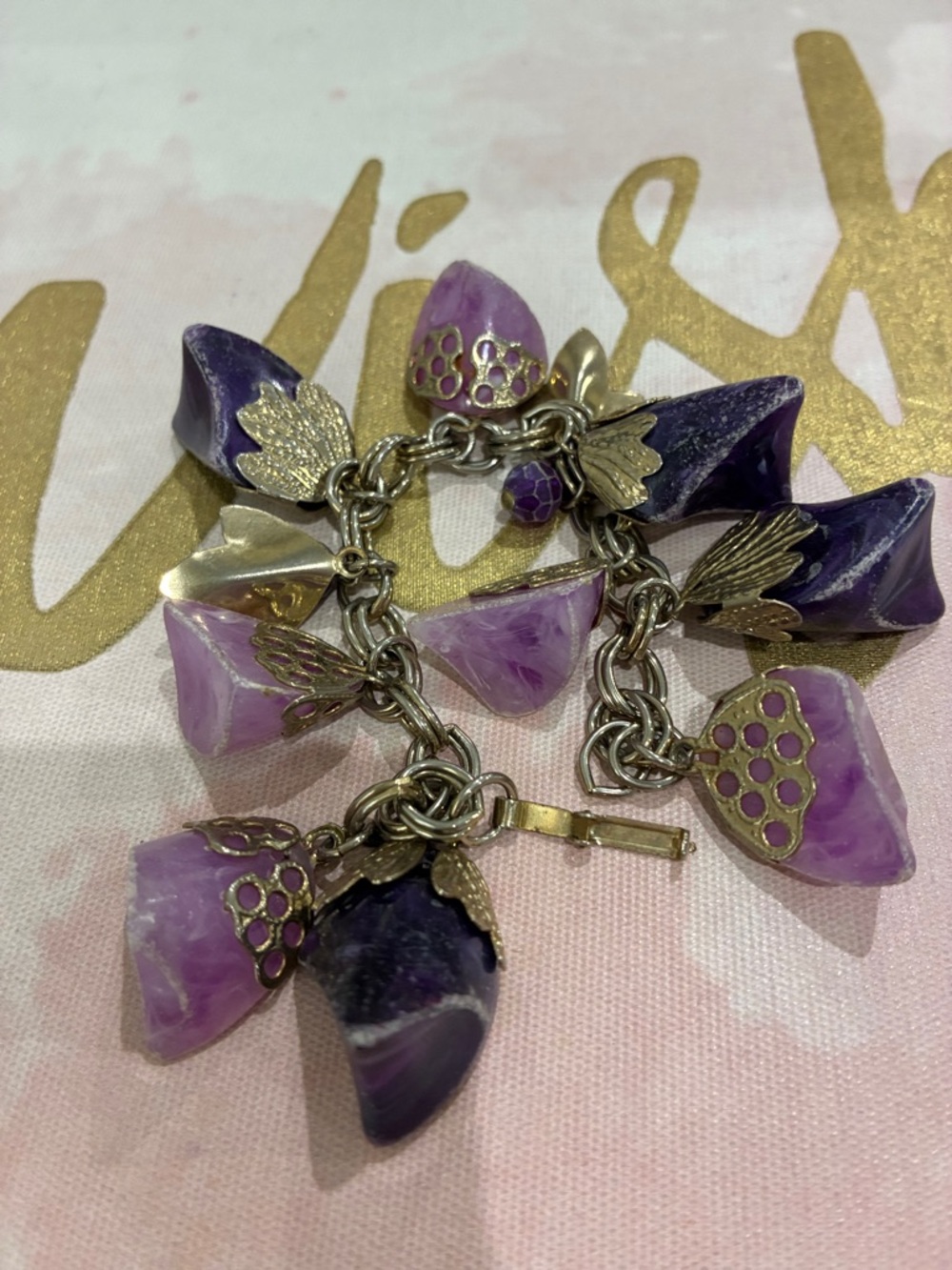 Purple Agate Charm Bracelet with Gold-Tone Accents